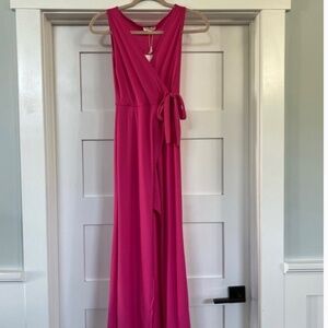 Hot pink “See You Monday LA” faux wrap dress